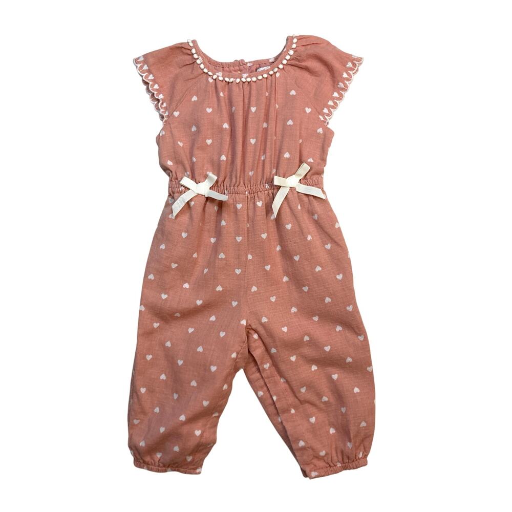 Rachel Zoe Pink Embroidered Hearts Scalloped Pom Poms Bow Jumpsuit Outfit 3-6m